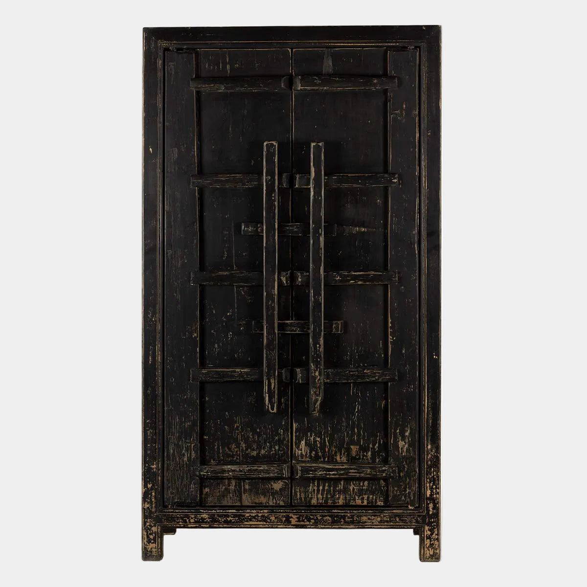 Vintage dark wooden cabinet with a distressed finish on a white background