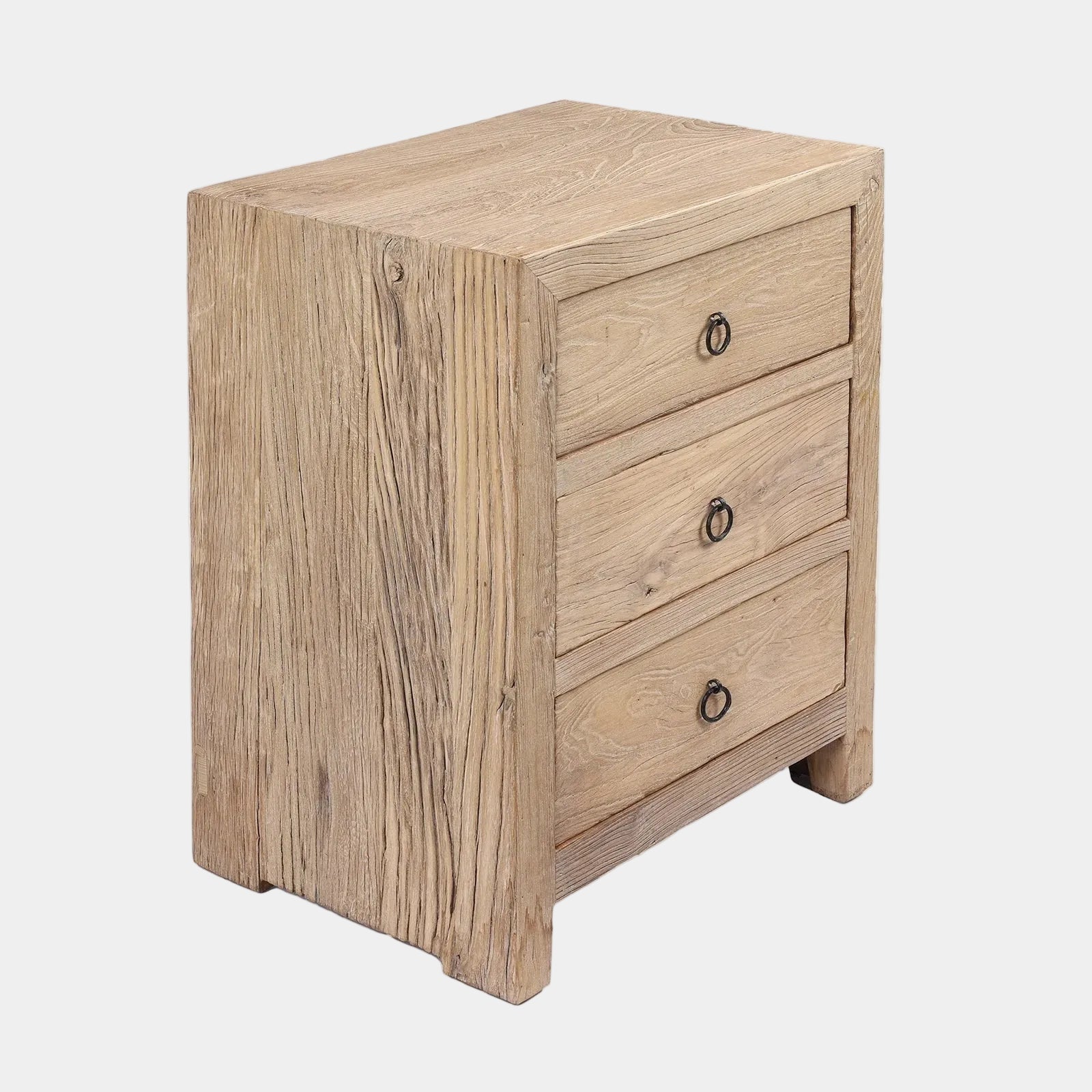 Wooden nightstand with three drawers on a white background