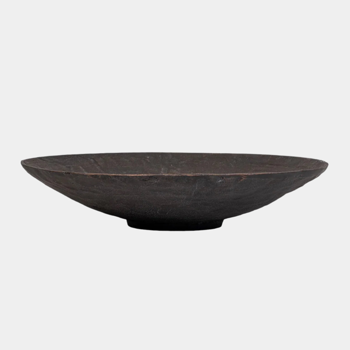 A dark brown aluminum planter with a flat base and a slightly elevated edge.