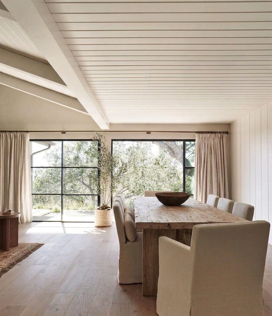 Modern dining room with large windows, neutral decor, and a wooden table.