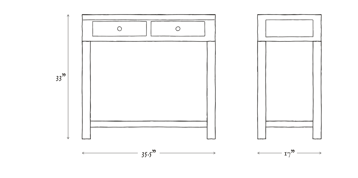 Mason Two Drawer Elm Console Table dimensions drawing