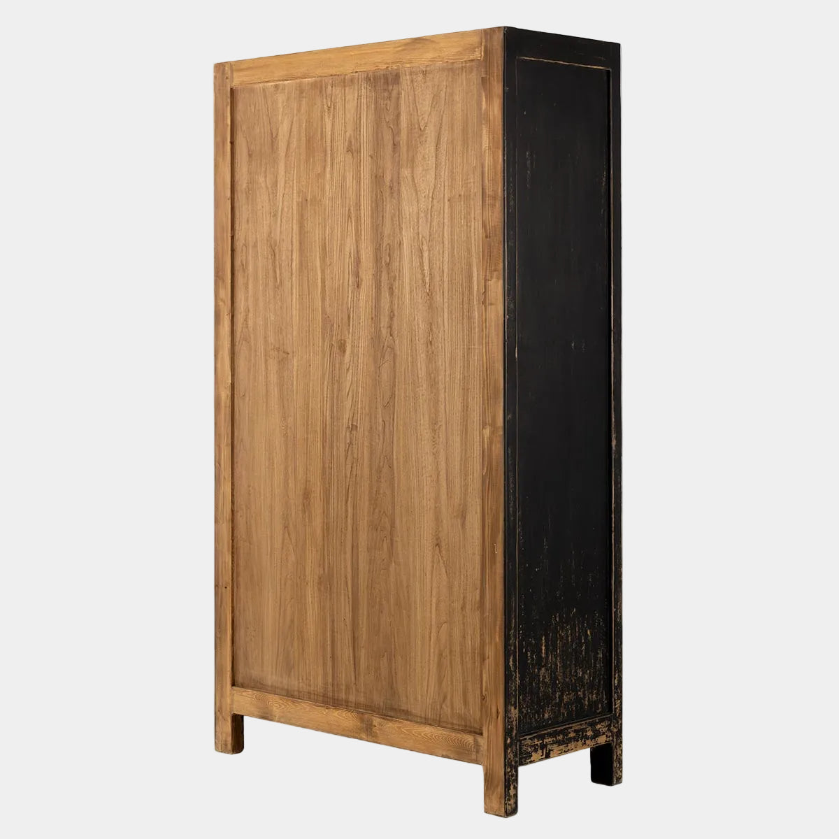 Wooden cabinet with a black distressed finish on a white background