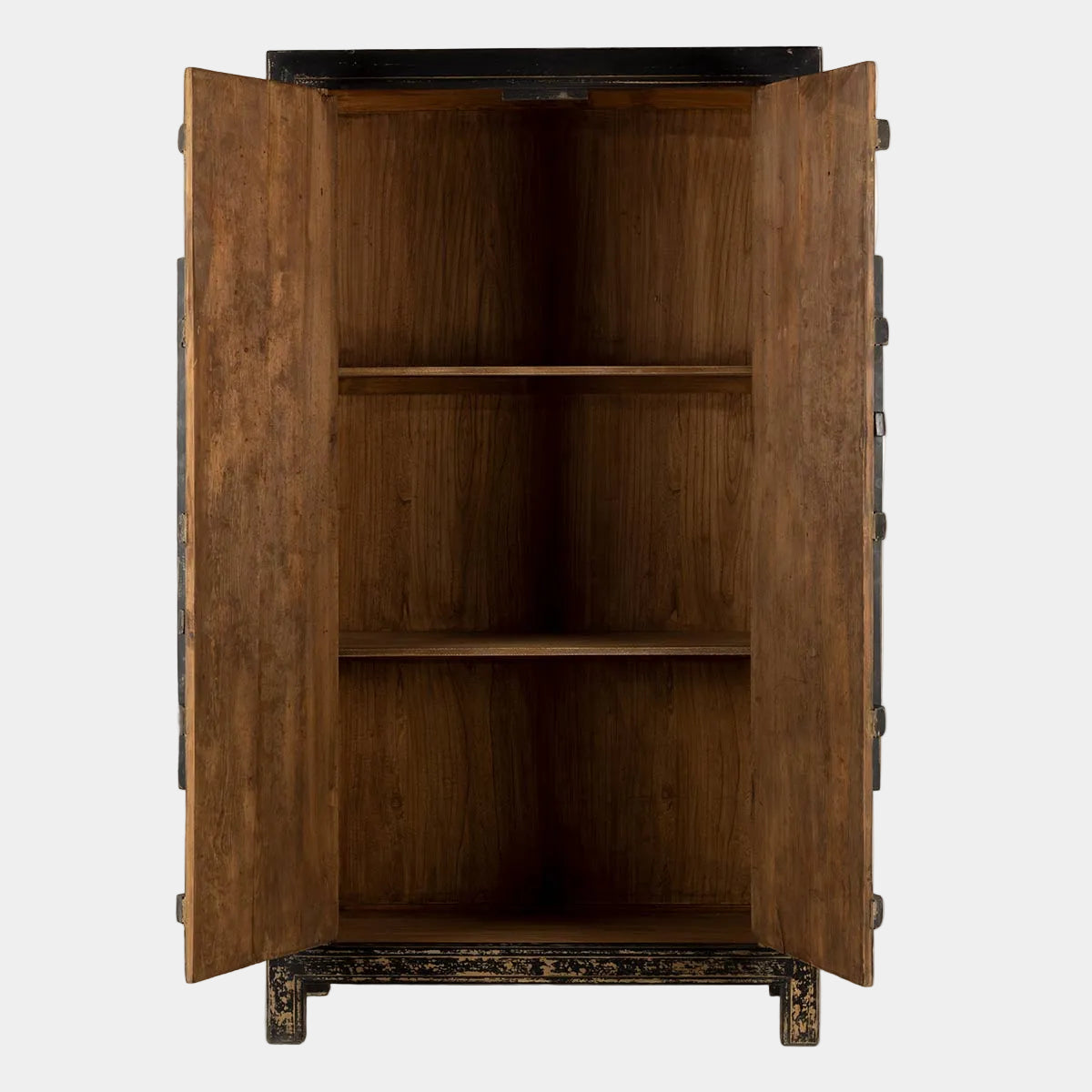 Wooden cabinet with open doors on a white background