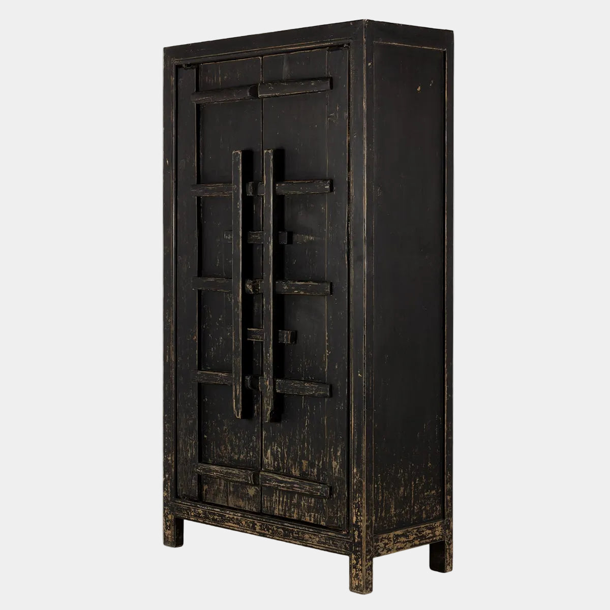 Dark wooden cabinet with geometric design on a white background