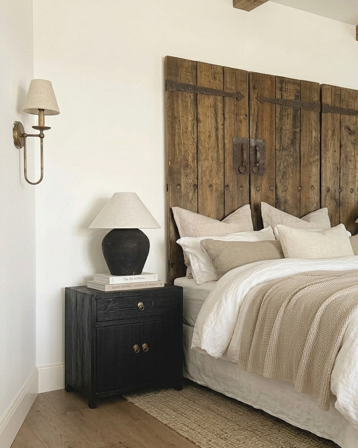Bedroom with wooden headboard, white bedding, and black nightstands.