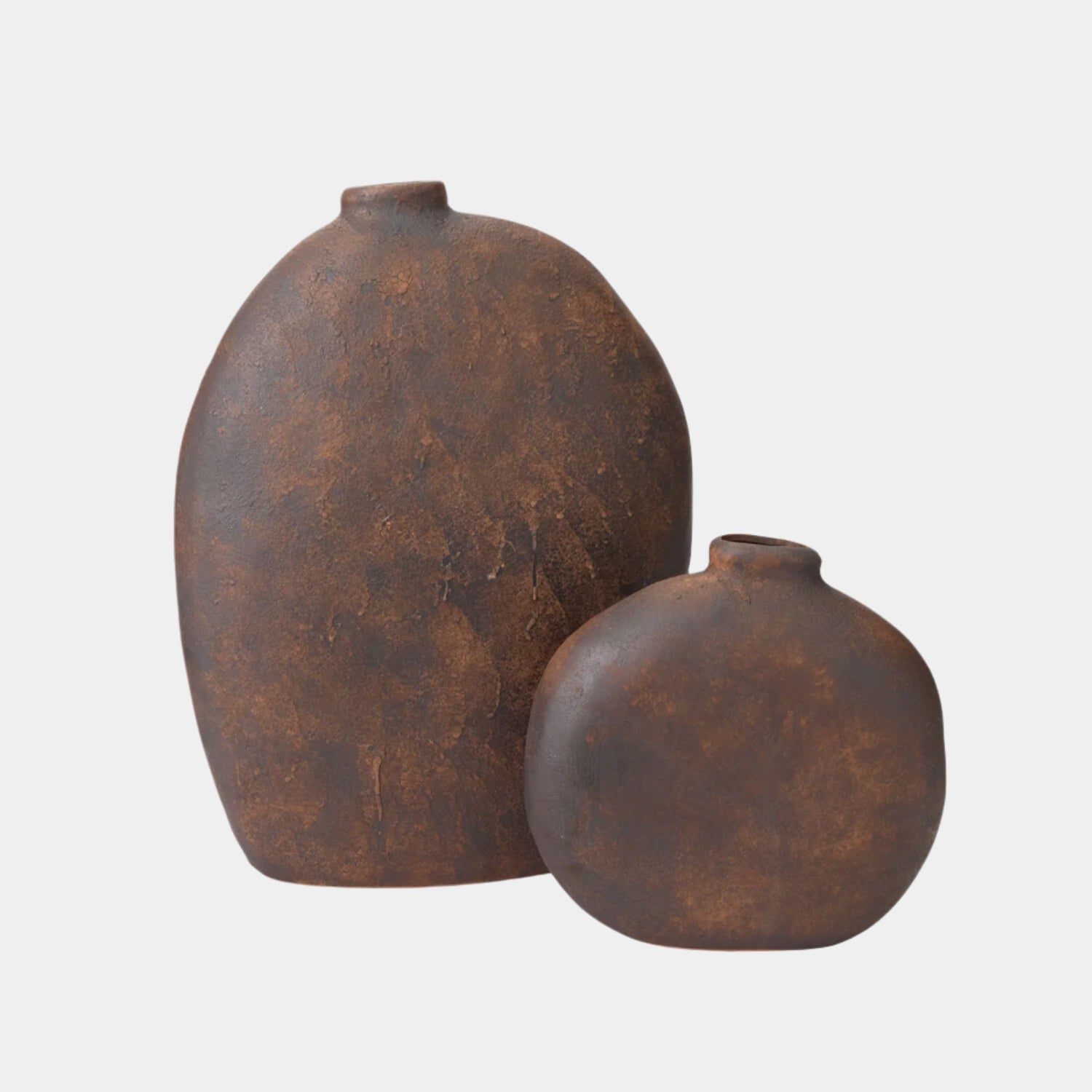 Two rustic brown ceramic vases on a white background