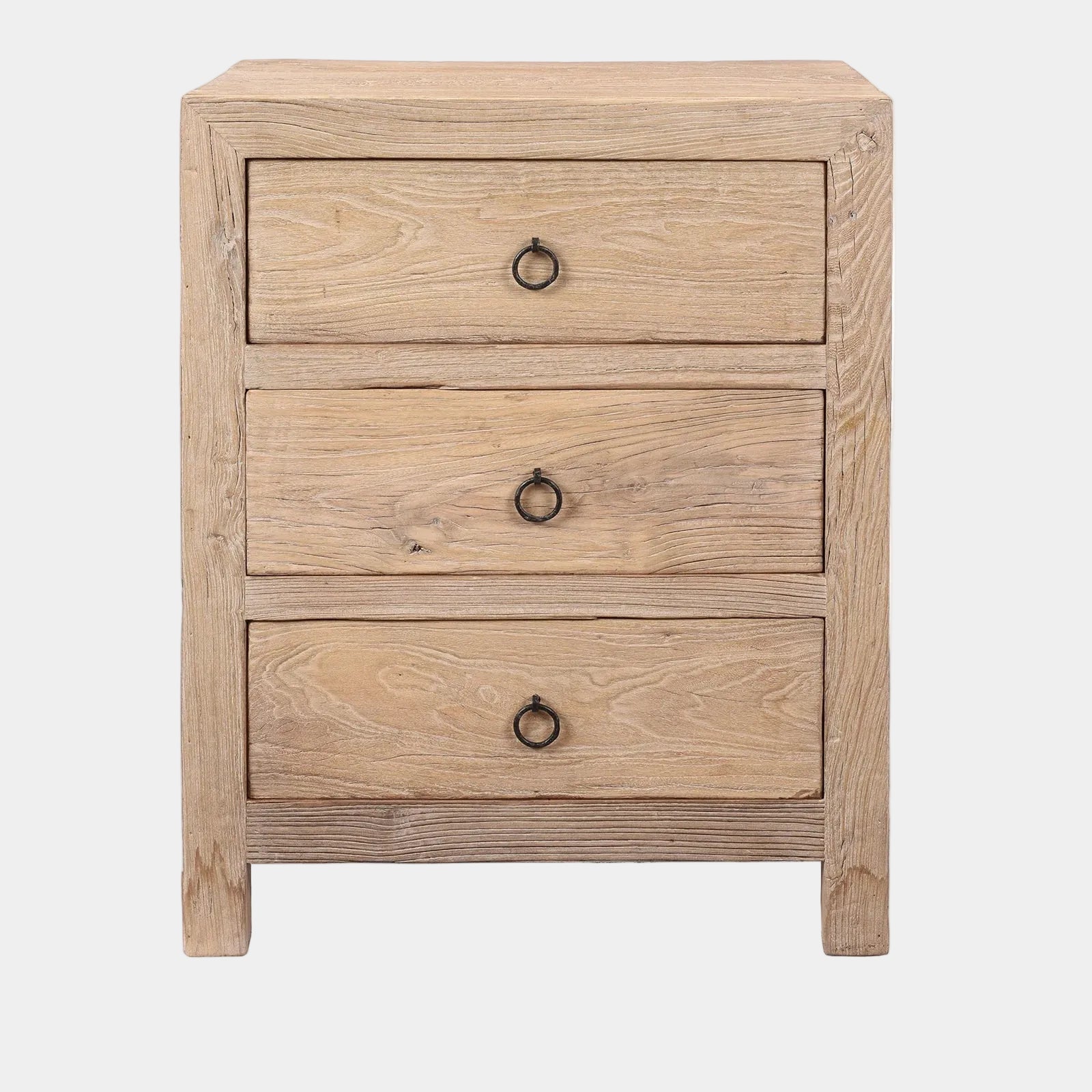 Wooden nightstand with three drawers on a white background