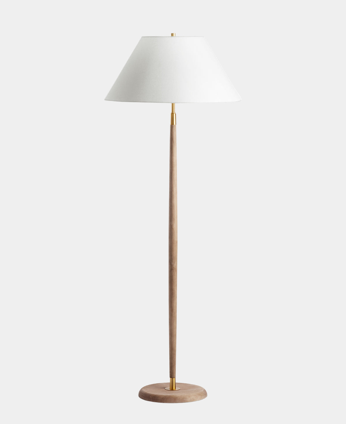 Floor lamp with a white shade and wooden base on a white background
