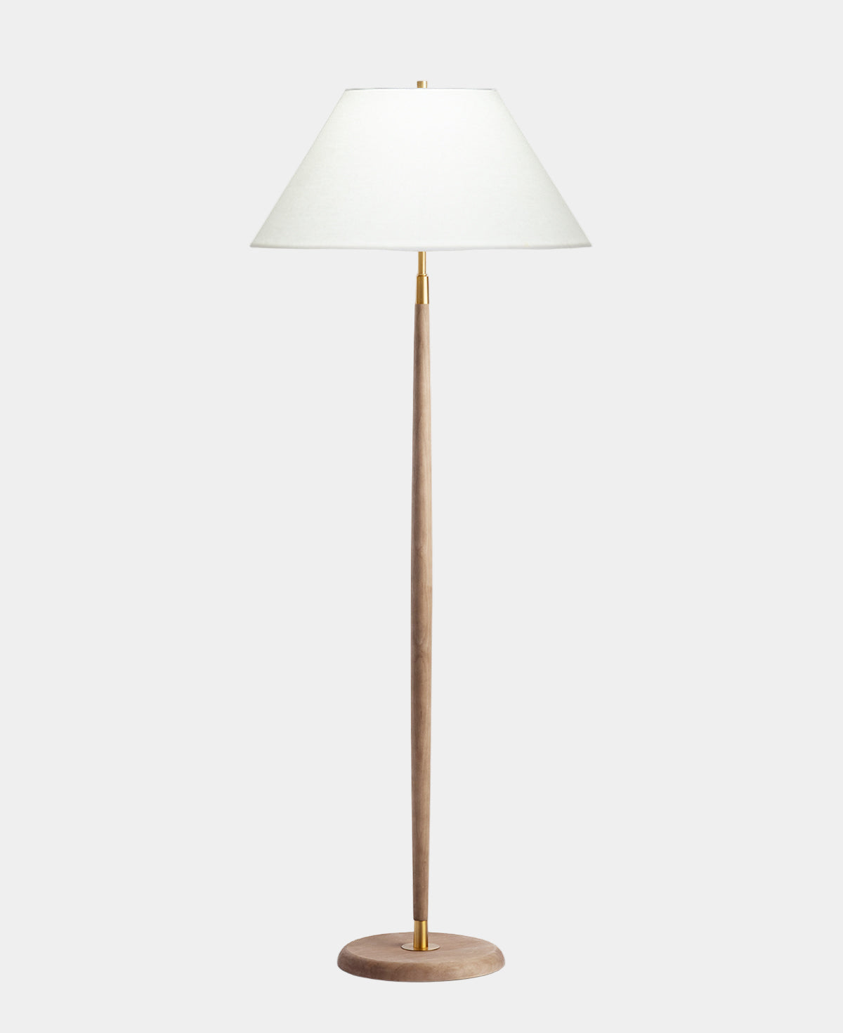 Floor lamp with a white shade and wooden base on a white background