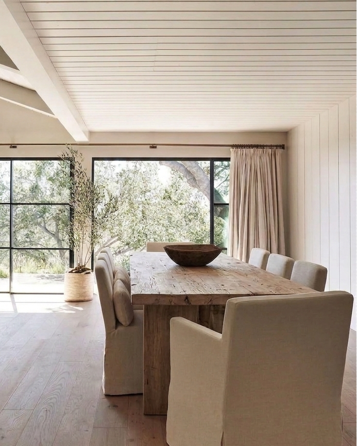 Modern dining room with large windows, neutral decor, and a wooden table.