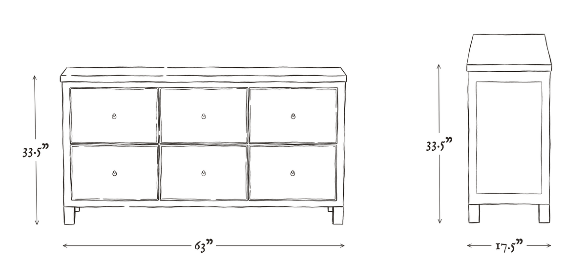 Black Six Drawer Elm Cabinet dimensions drawing
